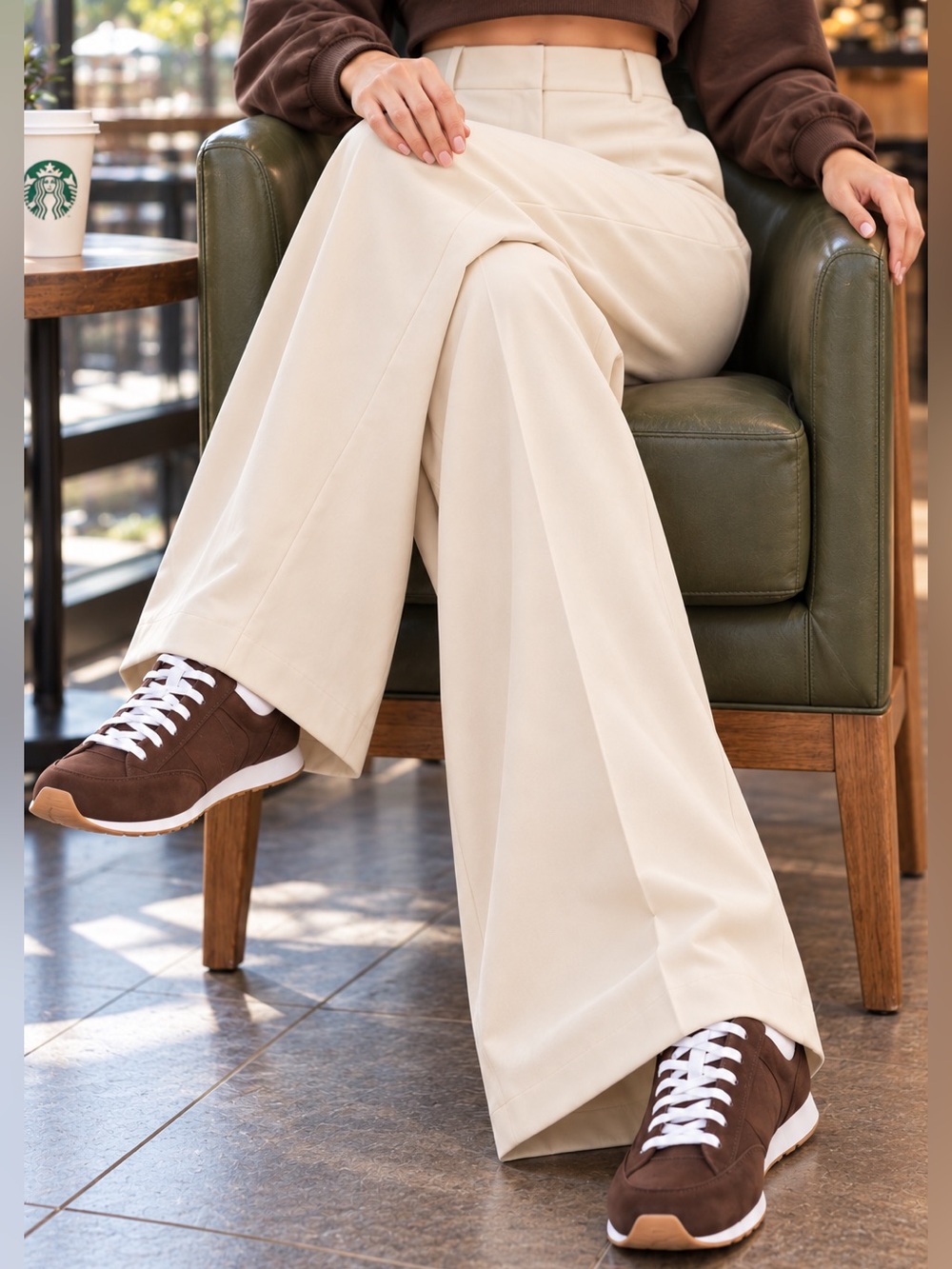 High-Waist Wide-Leg Cream Pants for Women